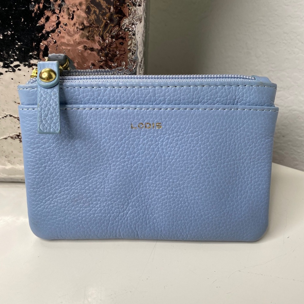 Lodis Blue Pebbled Leather Zip Card Case Coin Purse Wallet Gold Tone‎ Hardware